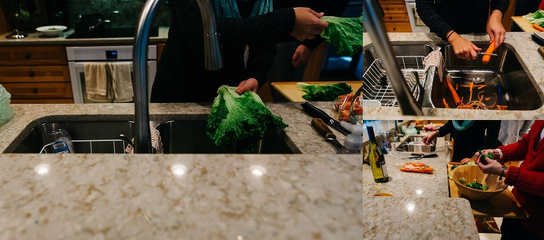 Family preps salad together.