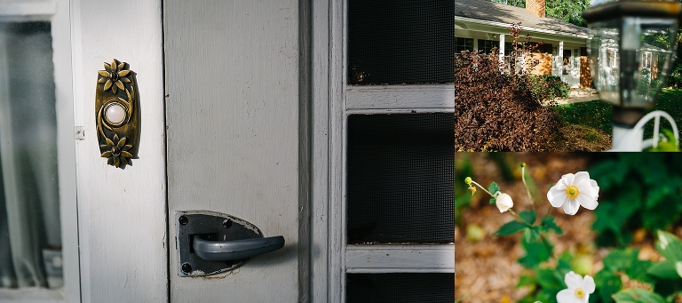 Door handle and door bell. White and yellow flowers.