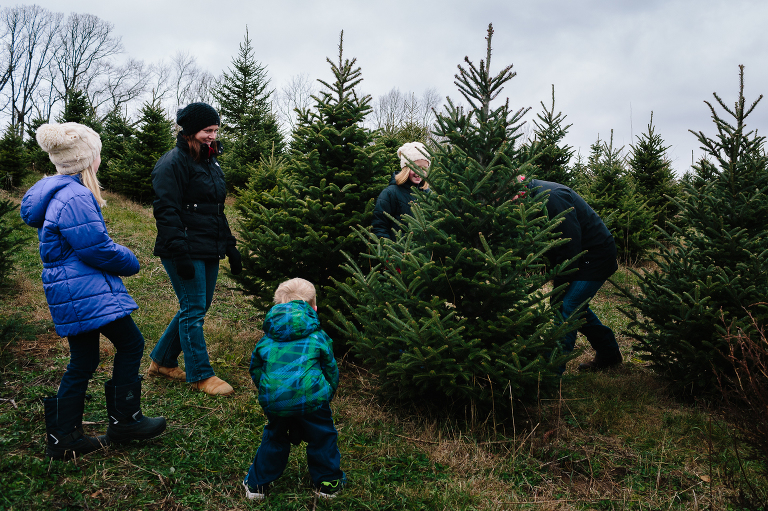 Mom smiles while chooses a Christmas tree with her family. 