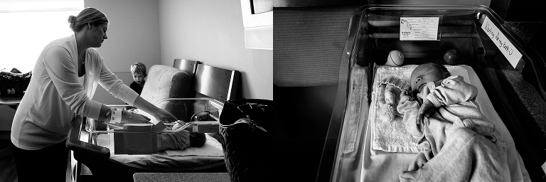 Black and white, Mother puts sleeping baby to bed in hospital. brother watches in the background.