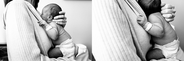 Black and white. Mother holds newborn baby boy.