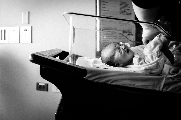 Black and white. Newborn baby cry's in hospital