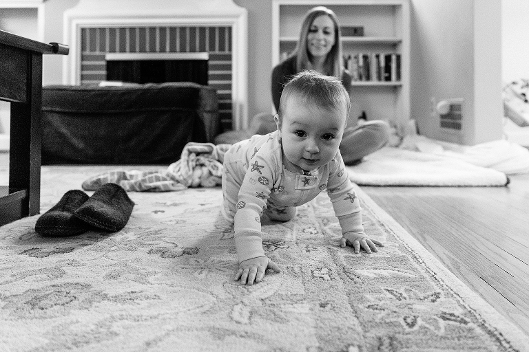 7 month old girl starts to crawl during a Sunday morning pancakes photo session
