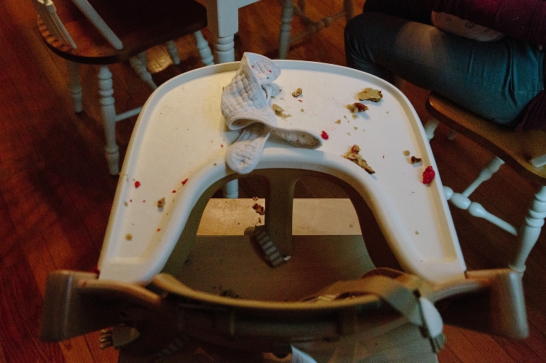 Top down view of high chair after breakfast