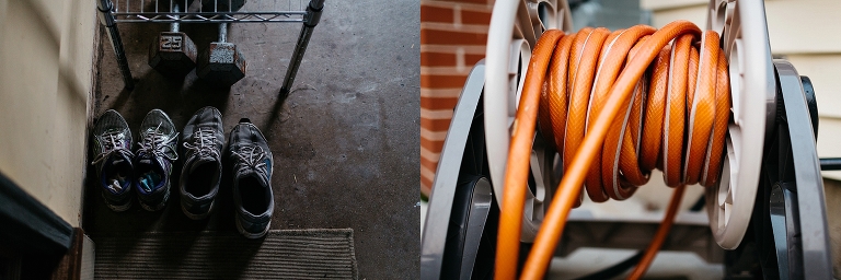Two shoes laying on floor and orange hose.