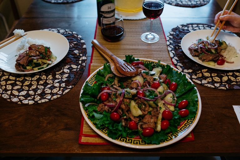Dinner for two, Rice, steak, and vegetables.
