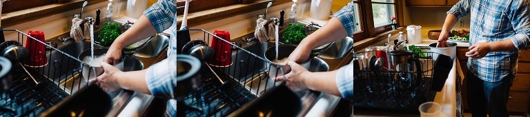 Man in kitchen rinsing rice in sink
