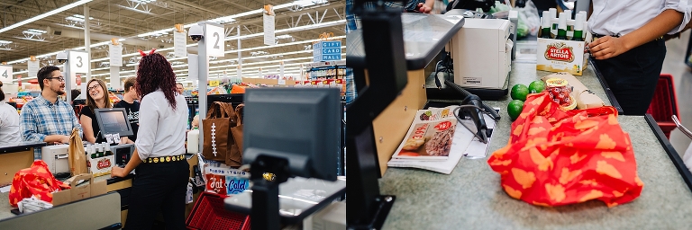 couple in grocery store stand at check out
