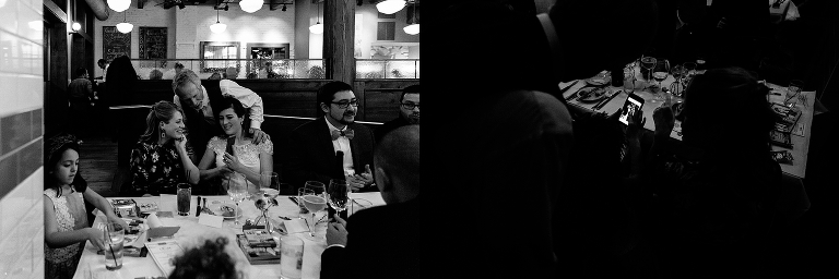 Black and white. Bride and groom spend time with family at restaurant after wedding
