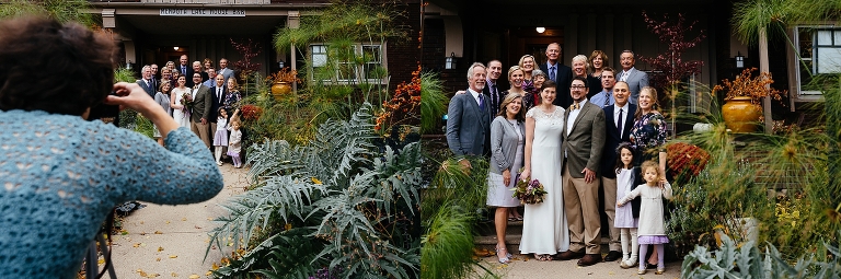 Bride and groom takes photos with the family after the wedding