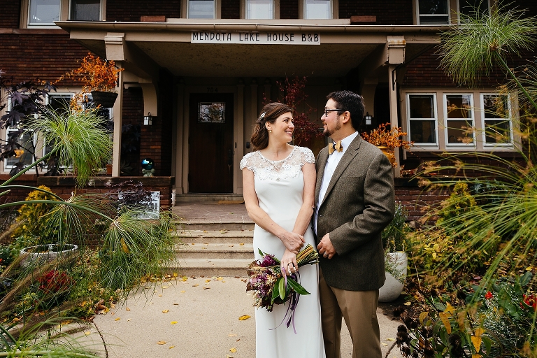 Bride and groom smile together after getting married