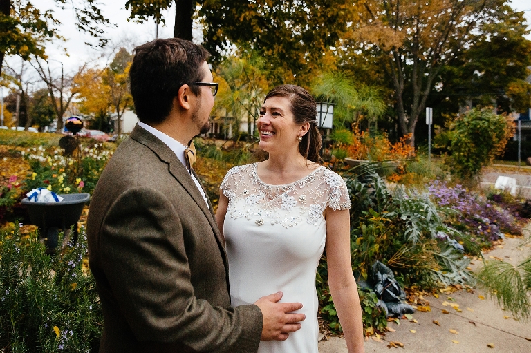 New husband and wife smile after getting married