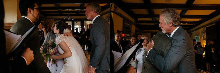 bride hugs her mother and father before getting married