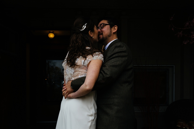 Bride and groom kiss on their wedding day