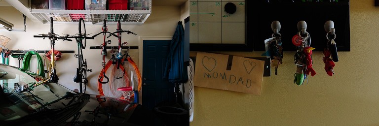 Bikes hang on hook in garage; keys hang on board in house 