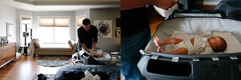 Dad changes newborn diaper in bedroom 