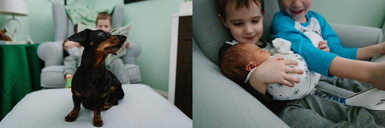 Dog on an ottoman; brothers smile at newborn sister 
