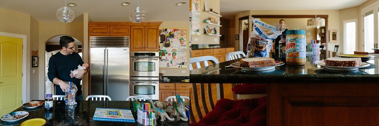 Dad holds newborn daughter while making peanut butter and jelly sandwiches for older brothers 