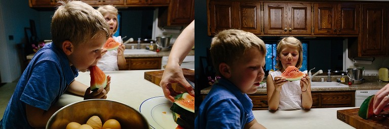 Kids bite into watermelon.