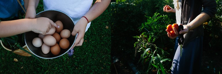 Boy points to wavy egg in bowl girl holds; mom holds handful of cherry tomatoes and scissors.