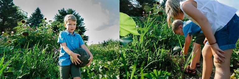 Boy carries watermelon. 