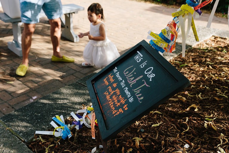 Picture of wishing tree at the park, 2 year old and dad are in background 
