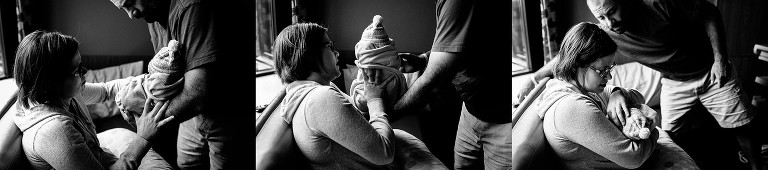Dad hands over newborn daughter to mother in series of black and white images. 