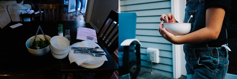 Table supplies are ready to go outside for al fresco dining; daughter brings out strawberry to outside dining table.