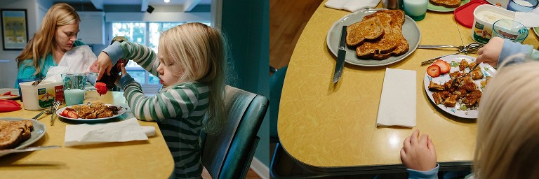 Daughter pours syrup on French toast; top-down view of daughter eating French Toast 