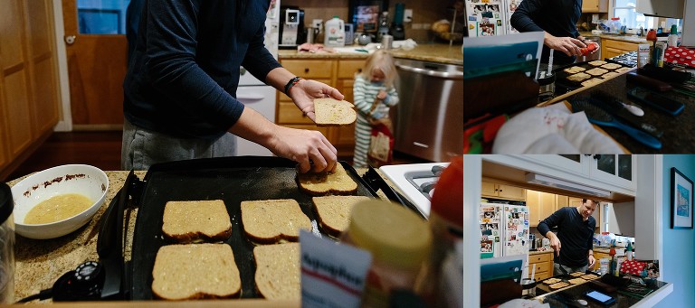 Three images: dad puts egg-soaked bread on griddle; dad sprinkles cinnamon on bread; dad flips french toast 