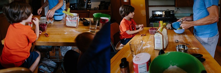 Dad whisks eggs in bowl while boy watches.