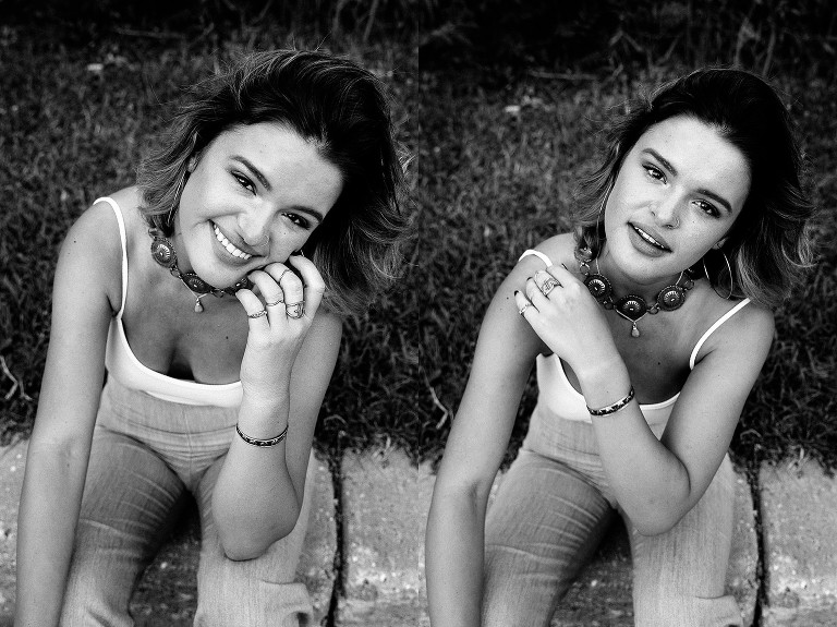 Black and white. Two photos of a young woman sitting on rock wall smiling.