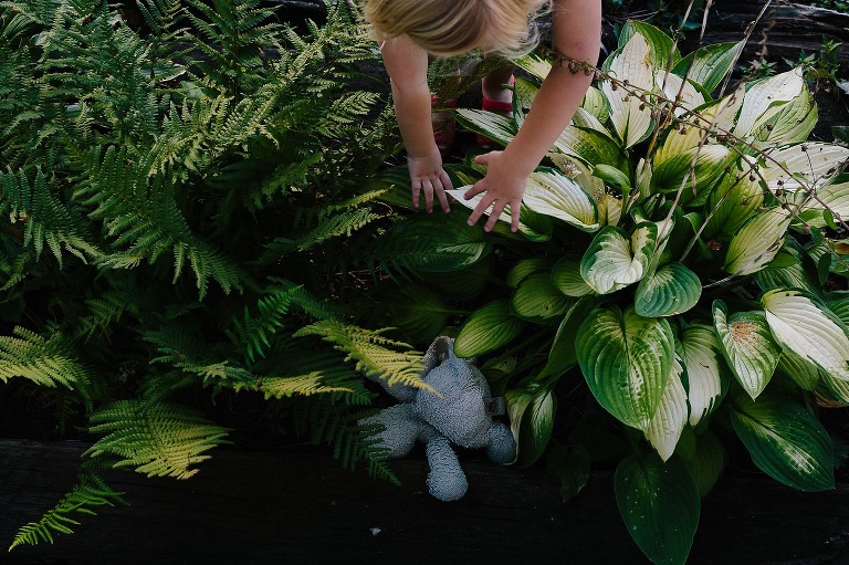 girl drops teddy bear in ferns and goes to pick it up 