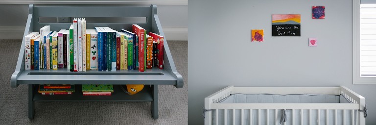 Kids books and crib sit in baby's nursery.