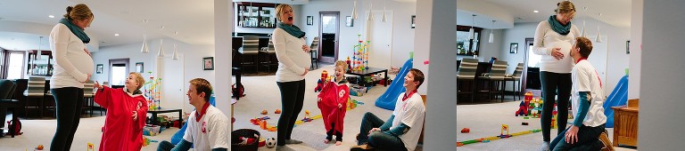 Pregnant mother father and son laugh and play together awaiting the new baby