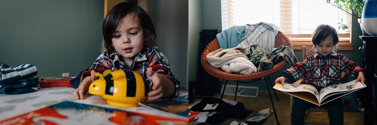 young boys plays and reads in his room 