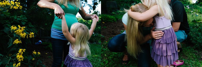 Preschool girl kisses mother's pregnant belly; mom kisses preschool daughter's belly