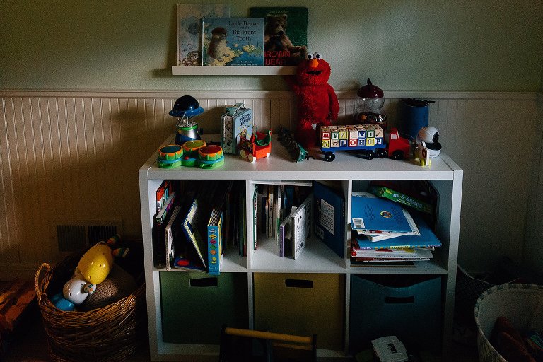 Early morning light on child's bookcase and toys