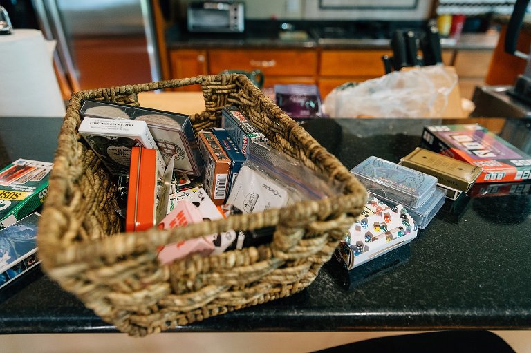 Basket of playing cards for family games