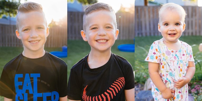 Backyard portraits of three siblings