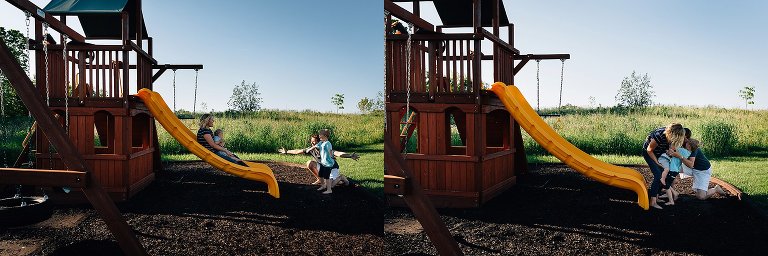 Mom and toddler go down slide together while dad and preschool brother catch them