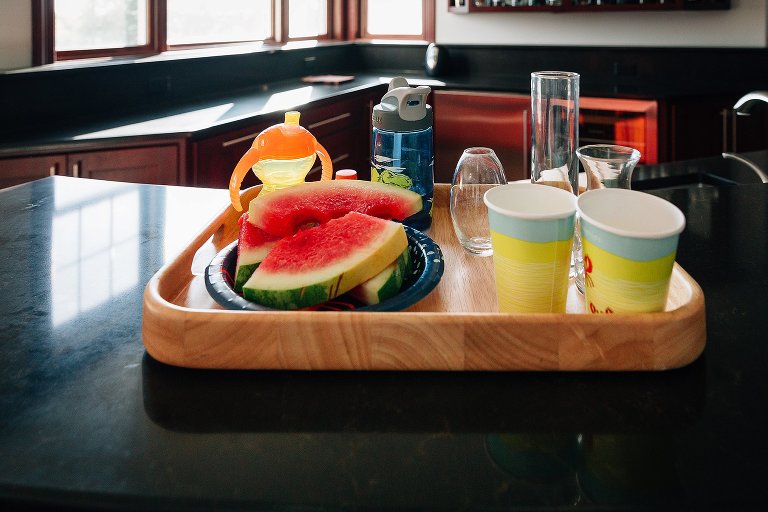 Tray of cold drinks and fresh watermelon
