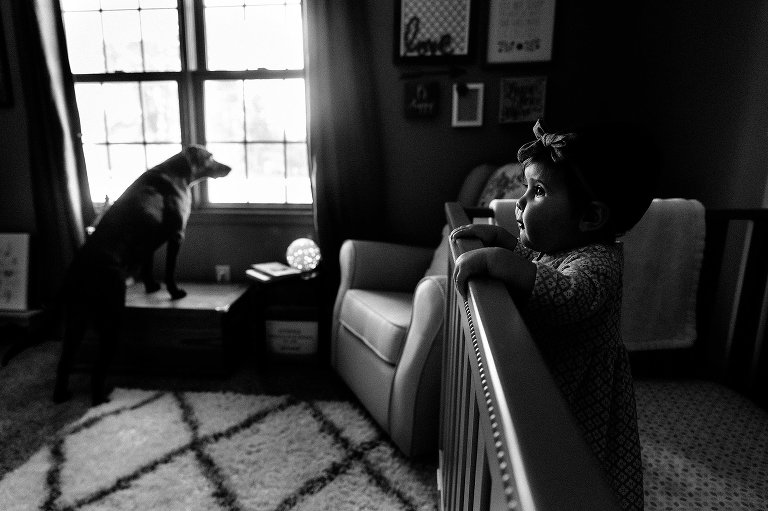 Black and white profile of baby standing in crib. Dog looks out window in background.