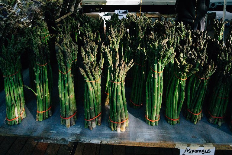 Light and shadow on rows of farmer's market asparagus
