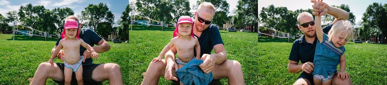 Dad helps daughter change back into clothes. 