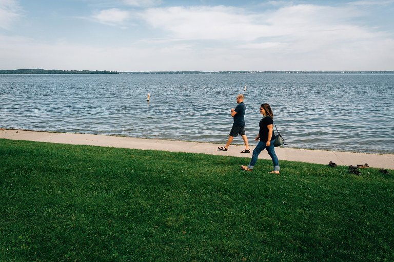 Family walks to nearby lake. 