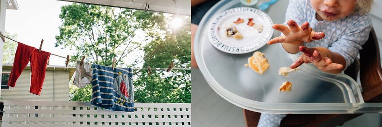 Back porch has toddler clothes on clothesline. Toddler shows berry fingers. 