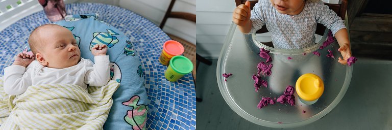 Baby sleeps outside, while toddler girl plays Play-Dough in high chair 
