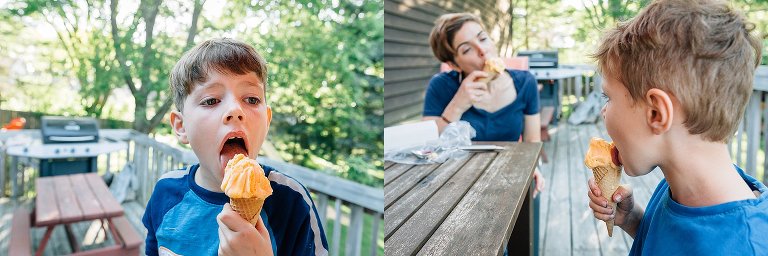 Children and mother eat orange sherbet at picnic table on backyard deck on a summer night.