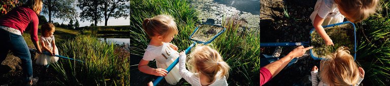 Mom and daughter explore tadpoles that are found on a net.